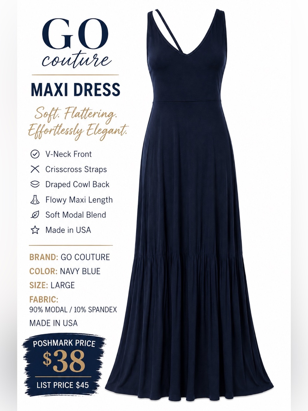 Go Couture Navy Blue Cross Back Modal Blend Maxi Dress Size Large USA Made